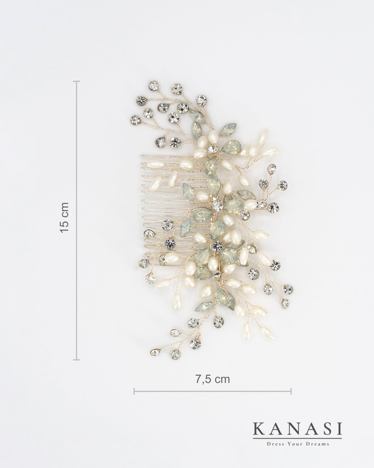 Poročni glavniček za lase s srebrnimi kristali in perlami – dolžina 15 cm, eleganten dodatak za pričesko neveste