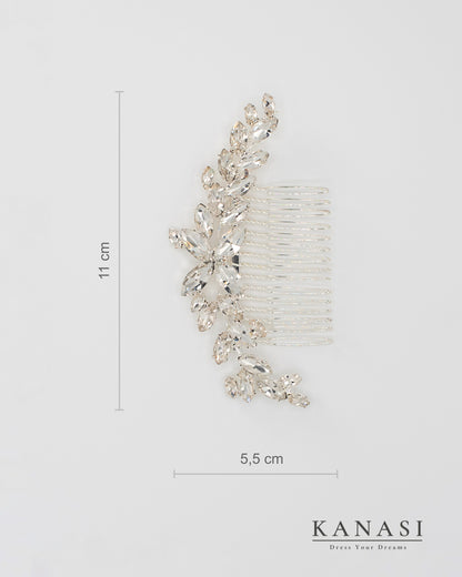 Elegantni srebrni poročni glavniček z bleščicami in kristali – dimenzije 5,5 x 11 cm